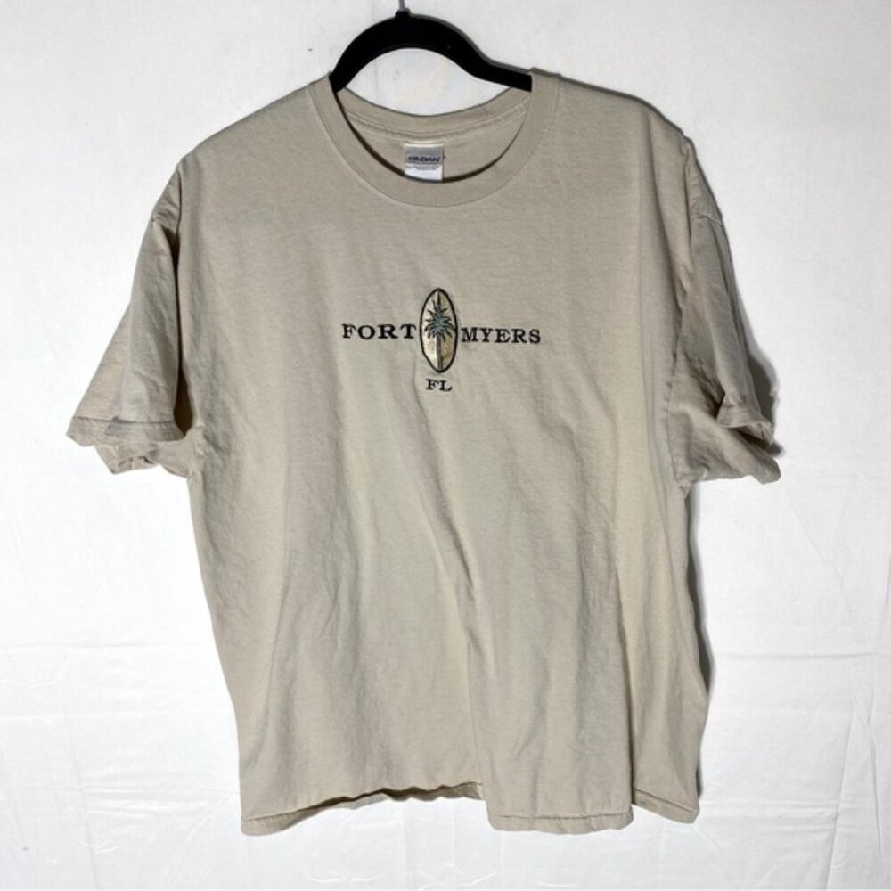 Vintage Gildan Beige Cotton Embroidered Fort Myers Florida T Shirt XL